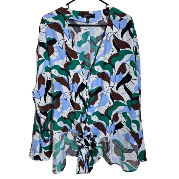 Eloquii Tops - Eloquii Tie Button Up Blouse Women's Size 22 High Low Deep V-Neck Artsy Office